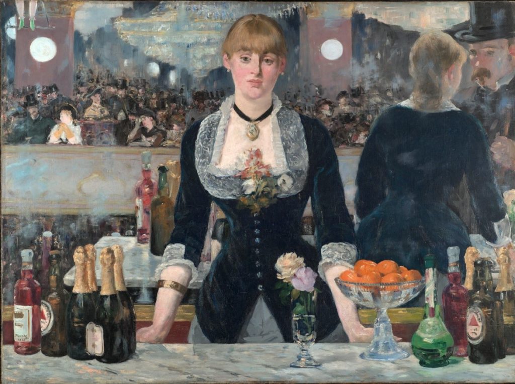 Édouard Manet: "A Bar at the Folies-Bergère," 1881-1882. This is a faithful photographic reproduction of a two-dimensional, public domain work of art. The work of art itself is in the public domain for the following reason: Public domain This work is in the public domain in its country of origin and other countries and areas where the copyright term is the author's life plus 100 years or less.