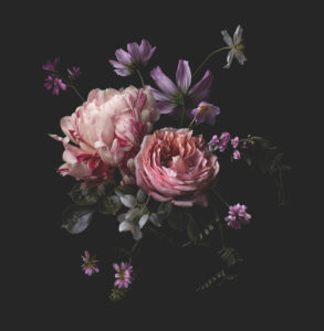 arrangement with peony, rose and wildflowers, center design element or motif for cards, wedding stationery, covers, posters, packaging or patterns