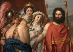 The Anger of Achilles is Jacques-Louis David's painting of the moment Agamemnon, king of the Greeks, has just revealed to the youthful Achilles that his daughter Iphigenia is not to be married to him but sacrificed in order to appease the goddess Diana. Iphigenia’s mother, Clytemnestra, looks on tearfully, Achilles angrily reaches for his sword.