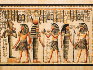 Ancient drawing of King Tut with other gods