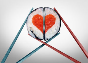 sushi shaped as a heart symbol with 3D illustration elements.
