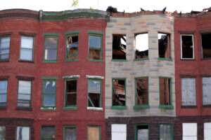 Abandoned areas in the city of Baltimore, many houses are vacant, damaged and become ruins.