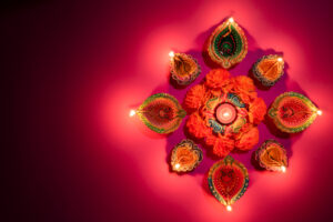 Clay Diya lamps lit during Dipavali, Hindu festival of lights celebration.