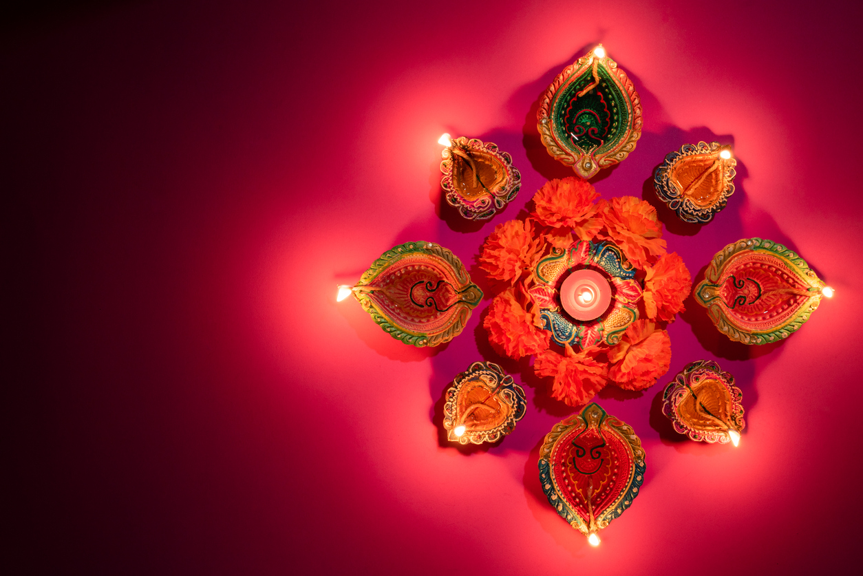 Happy Diwali Clay Diya Lamps Lit During Dipavali Hindu Festival Of 