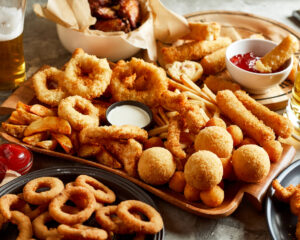 large meal of fried food
