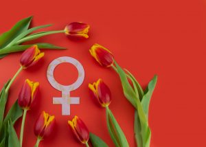 March is the month of women's history. Bouquet of yellow-red tulips with a female sign. Springtime concept.