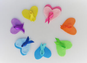 Cancer awareness ribbons, Hearts, 7 colors, circle; white background,Medical & Social Awareness symbols.