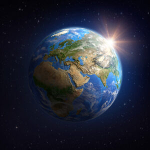 Planet Earth viewed from a satellite, focused on Europe, Asia and Africa, sun shining in the horizon. 3D illustration - Elements of this image furnished by NASA (https://eoimages.gsfc.nasa.gov/images/imagerecords/73000/73776/world.topo.bathy.200408.3x5400x2700.jpg)