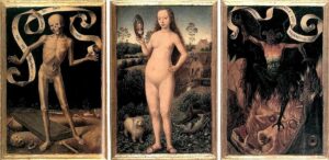 “Earthly Vanity and Divine Salvation,” by Hans Memling (circa 1433–1494). This triptych contrasts earthly beauty and luxury with the prospect of death and hell. Public Domain. http://www.kfki.hu/~arthp/html/m/memling/3mature4/index.html
