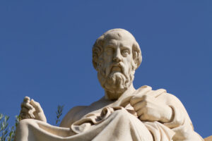 Plato, Greek philosopher. A disciple of Socrates and the teacher of Aristotle, he founded the Academy in Athens. This is his statue, located before the Academy of Athens, Greece.