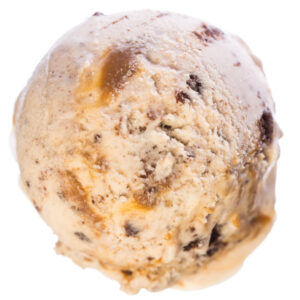 Single scoop of vanilla - caramel - brownie ice cream isolated on white background - top view real edible icecream, no artificial ingredients used!