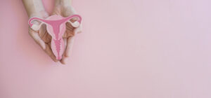 Hands holding uterus, female reproductive system , woman health, PCOS, gynecologic and cervix cancer concept