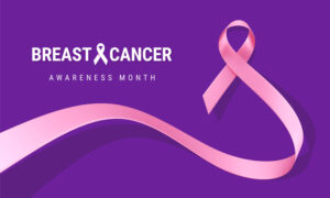 Pink Breast Cancer Awareness Realistic Ribbon with Curl and Text on Purple Color Background. 3d Illustration of Symbol of Breast Cancer Awareness Month Campaign. Design for Poster, Banner, Print