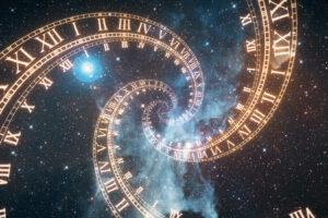 The composition of the space of time, the flight in space in a spiral of Roman clocks 3d illustration