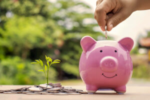 A sapling or a small tree planted on a pile of coins, including a hand that holds a coin on a piggy bank to save money, saving ideas and saving money.