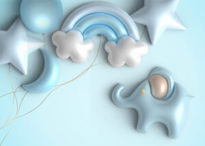 Baby shower invitation card with balloons shaped as elephant, rainbow, star and moon. Blue card template for boy birthday celebration.