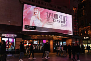 London England UK - October 2023: Vue Cinema London - West End (Leicester Square) is advertising The cultural phenomenon "Taylor Swift: The Eras Tour" concert & musical movie in central London, UK. Location: Leicester Square is a pedestrianised square in the West End of London, England. Cranbourn Street, London: "Taylor Swift: The Eras Tour" Concert Movie Poster, Vue Cinema London - West End (Leicester Square) Central London, West End of London, England, United Kingdom, Britain Europe...