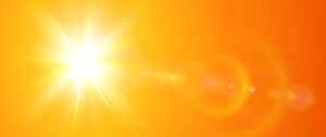 Sunny background, orange sun with lens flare, hot weather concept, vector summer illustration.