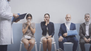 Professional doctor meeting patients at the hospital in the waiting room, they have different diseases and injuries