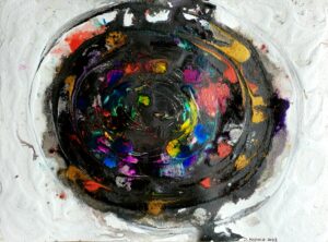 abstract painting in the form of a dark circle with colorful dots