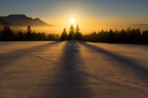 Dreamlike winter sunset with beautiful shadow play of trees. Alps, Bavaria, Germany.