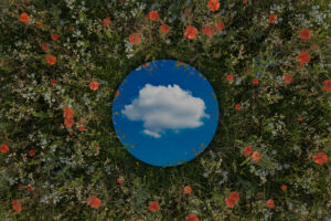Circular mirror reflecting single white cloud and surrounded by spring meadow flowers. 3D Rendering
