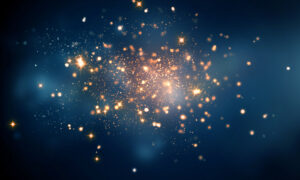 fire sparkles in dark blue bokeh background