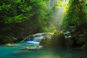 Relaxing view of Erawan waterfall, Erawan National Park, Thailand