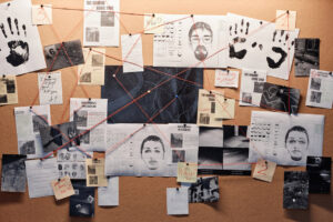 Background image of evidence board with pictures of criminals in detectives office, copy space