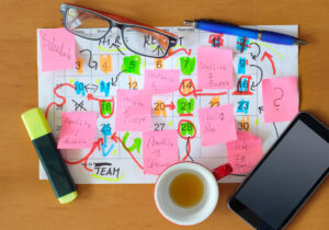 Calendar with business appointments and deadlines,pens,coffee cup and spectacles, monthly schedule. Business concept beat the clock. Free copy space.