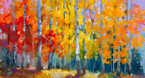 Oil painting landscape, colorful autumn trees. Semi abstract paintings image of forest, aspen tree with yellow, red leaf. Fall season nature background. Hand Painted Impressionist, outdoor landscape