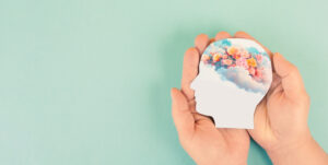 Mind with colorful cloud of flowers, positive thoughts and energy, emotion and attitude, hope and self care concept