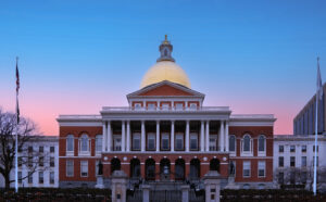 The Massachusetts State House at dawn on top of Beacon Hill in Boston, USA
