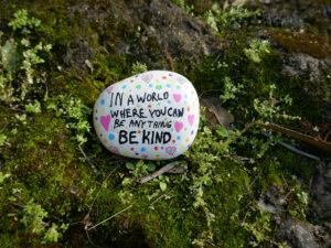 Be kind kindness stone on moss covered rock