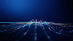 Abstract 3D digital grid with dynamic data lines and glowing dots, representing big data processing, analytics, machine learning, and futuristic technology visualization.