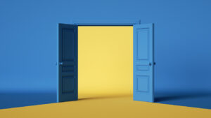 3d render, blue yellow background with double doors opening. Architectural design element. Modern minimal concept. Opportunity metaphor
