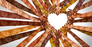 Black Culture Love and Black History month awareness as diverse hands shaped as a heart for united diversity or multi-cultural partnership in a group of multicultural people connected together in respect as a support symbol expressing the feeling of teamwork and togetherness.