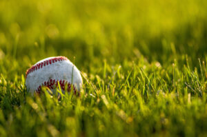 A closeup of a baseball sitting in the green grass with the evening sunset shining its rays onto it
